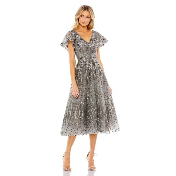 Mac Duggal 20392 Gunmetal Embellished Butterfly Fit and Flare Tea-Length Dress - Picture 1 of 8
